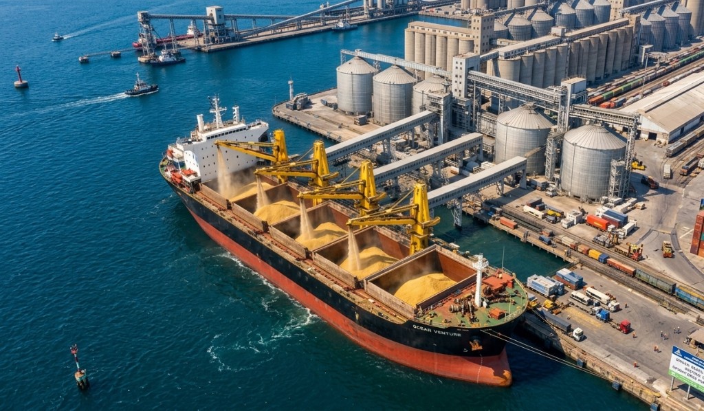 Carga de granos en puerto — operación de exportación HBE